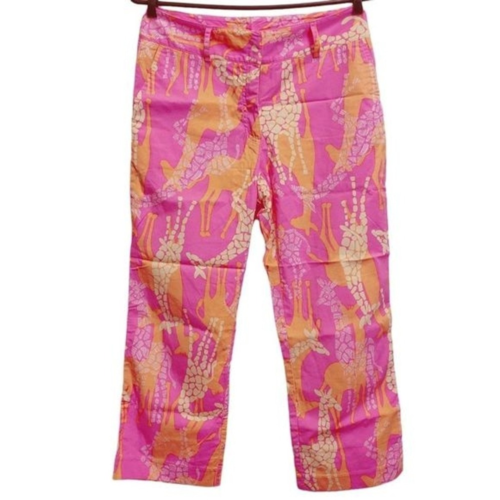 Vintage LILLY PULITZER Women's 2 Capri Pants Pink Orange Giraffe Print Old Money